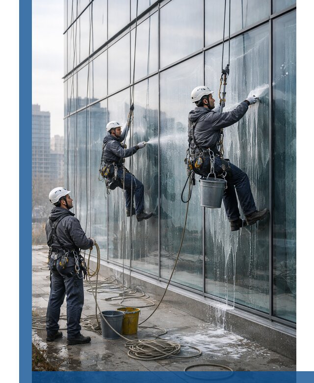 Промышленная мойка панорамных окон на высоте в Липецке