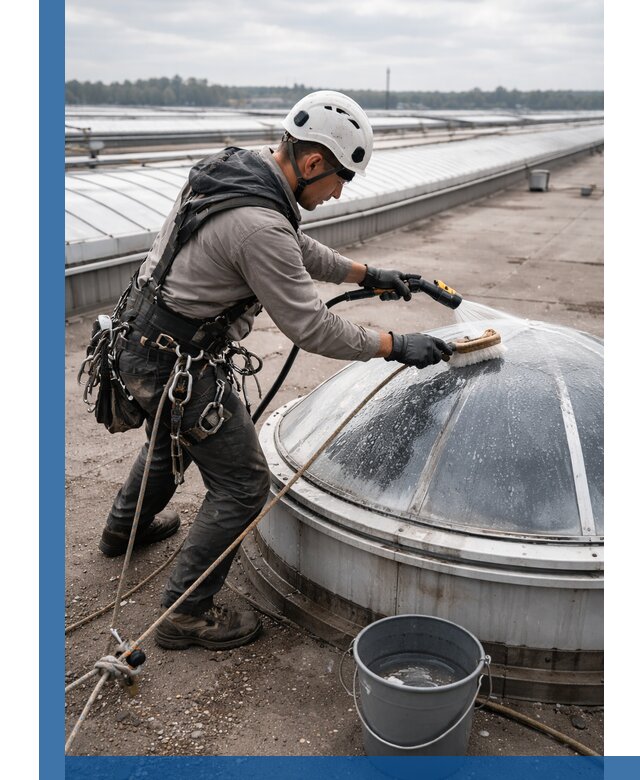 Мойка зенитных фонарей на кровле для промышленных объектов в Липецке