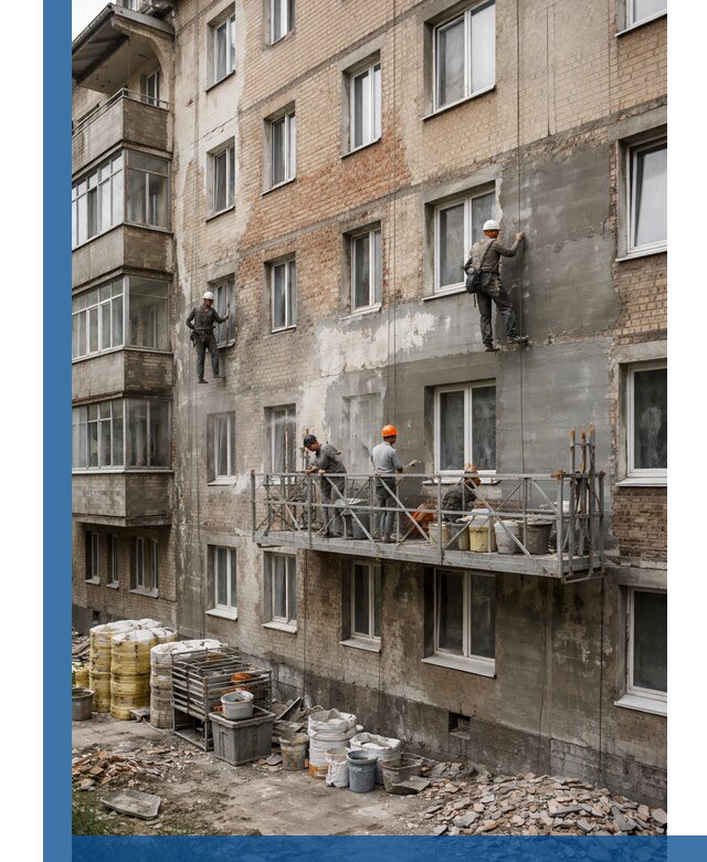 Капитальный ремонт фасада в Липецке с восстановлением и гидроизоляцией