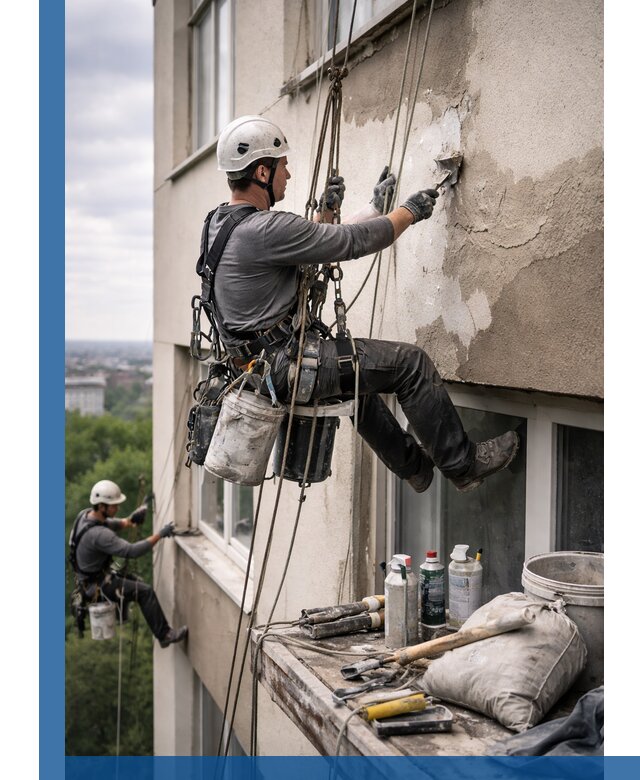 Косметический ремонт фасада зданий в Липецке промышленными альпинистами