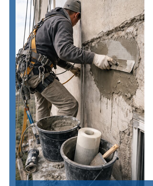 Ремонт бетонных элементов фасада промышленными альпинистами в Липецке