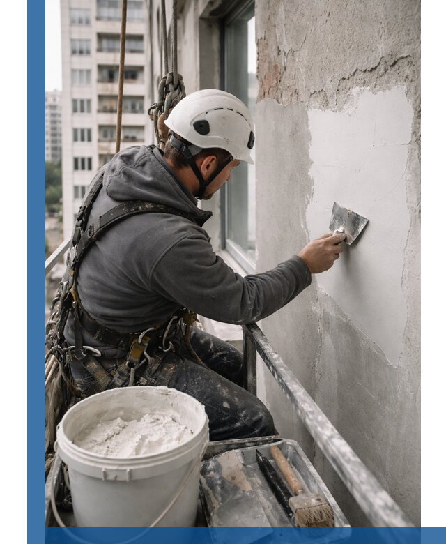 Шпаклевка фасадов на высоте с промальпинистами в Липецке