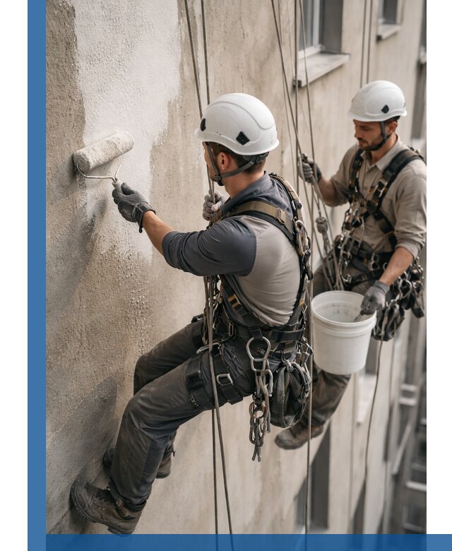 Грунтовка фасада на высоте в Липецке промышленными альпинистами