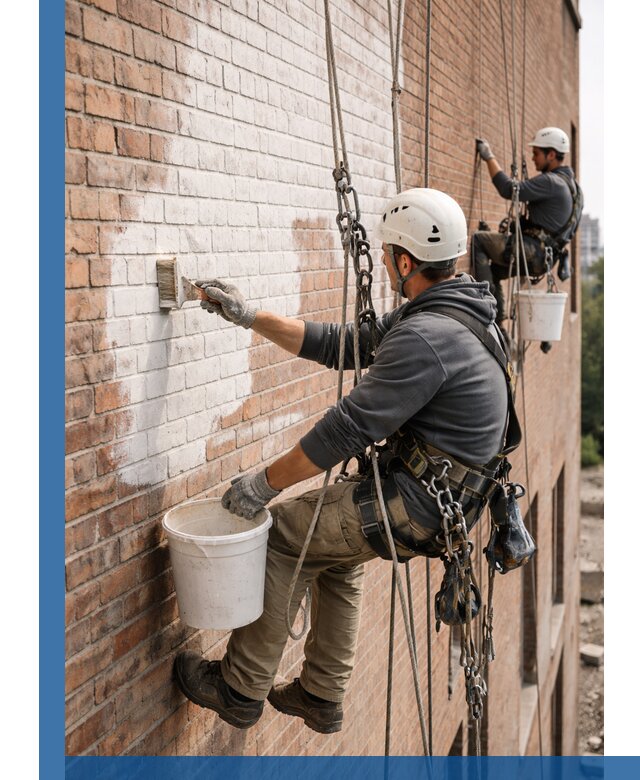 Покраска кирпичного фасада с доступным альпинистским сервисом в Липецке