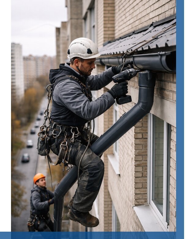 Монтаж водосточной системы на здании в Липецке от 5197 р. | ВЫСОТНИК-Лпц