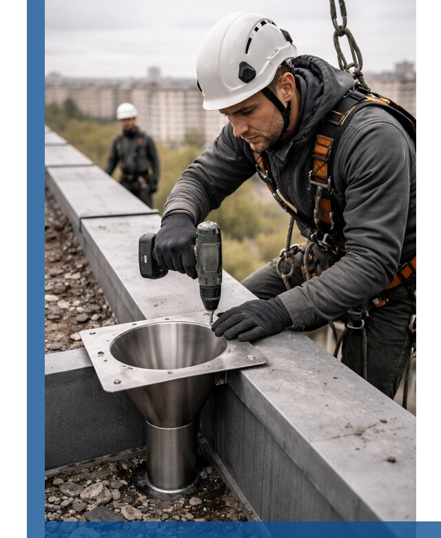 Монтаж водосточных воронок в Липецке для промышленных зданий