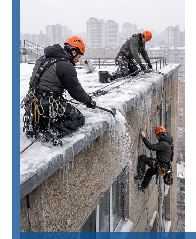 Удаление наледи с кровли в Липецке промышленными альпинистами