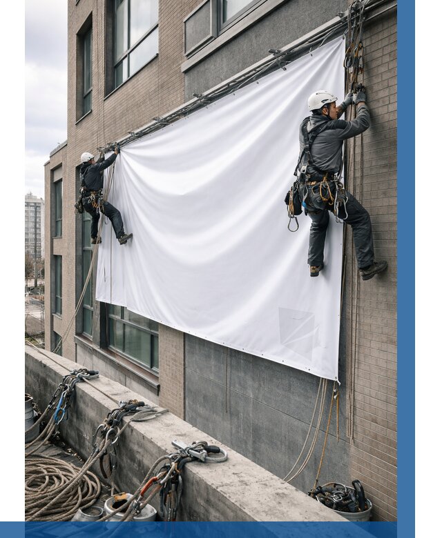 Монтаж баннеров на фасаде в Липецке от 676 р. заказать ВЫСОТНИК-Лпц