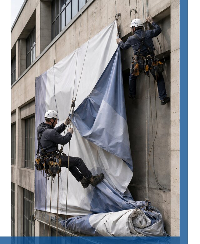 Демонтаж баннеров с фасада в Липецке от 4677 р. | ВЫСОТНИК-Лпц