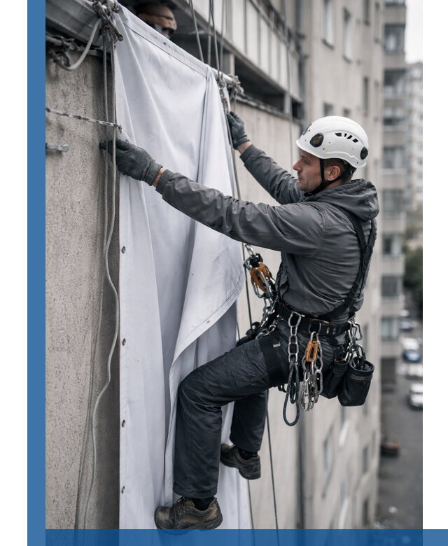 Замена баннерного полотна промышленными альпинистами в Липецке