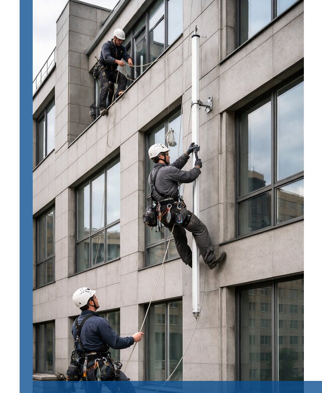 Монтаж флагштока на фасаде здания с креплением и герметикой в Липецке
