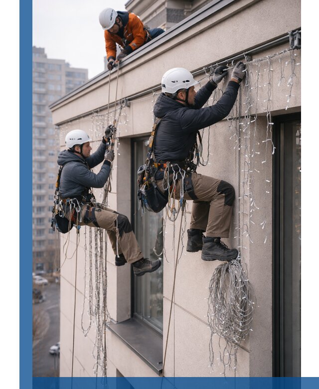 Монтаж праздничных гирлянд на фасаде в Липецке для зданий