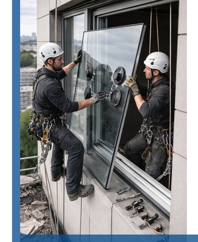 Замена стеклопакетов на высоте с промышленными альпинистами в Липецке