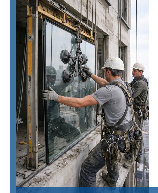 Монтаж стеклопакетов на высоте в Липецке с промышленным альпинизмом