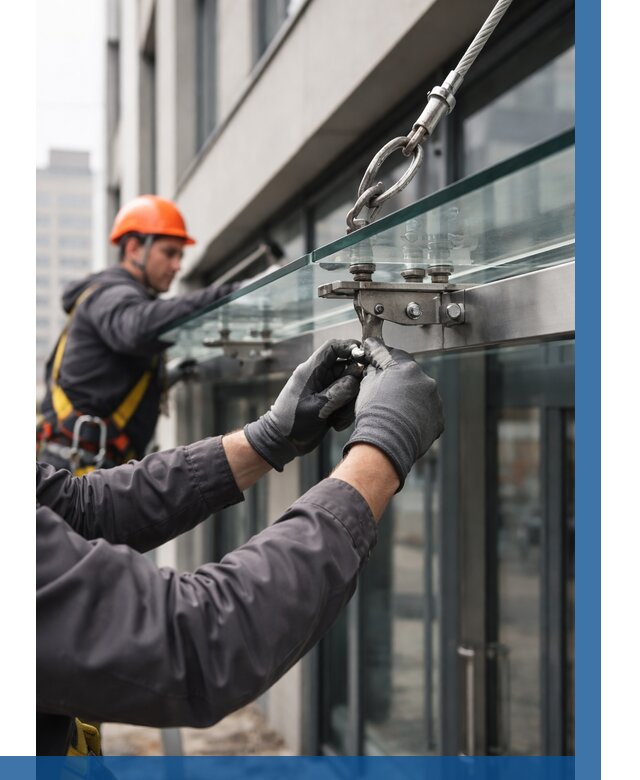 Монтаж стеклянных козырьков в Липецке от 8835 р. | ВЫСОТНИК-Лпц