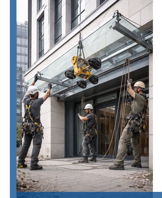 Монтаж стеклянных козырьков под ключ в Липецке для зданий