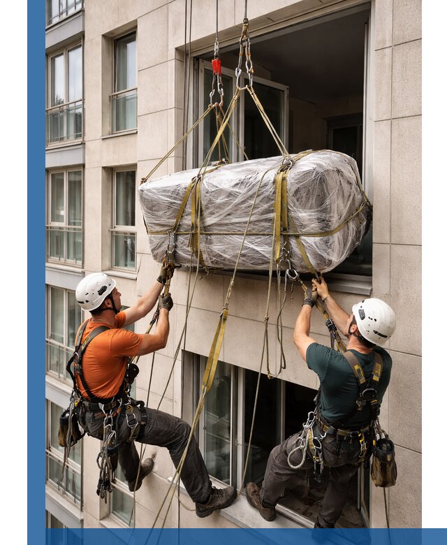 Подъем грузов через окно в Липецке промышленными альпинистами