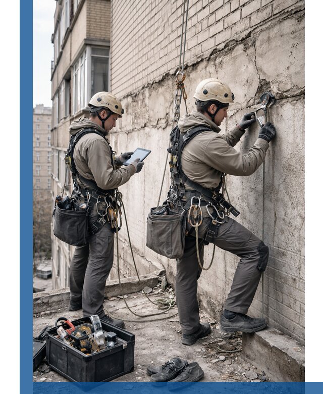 Обследование фасада промышленными альпинистами в Липецке